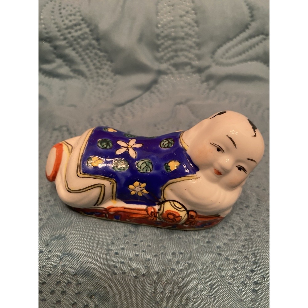 VTG Chinese Porcelain Famille Rose Baby Buddha Boy Figure Headrest Pillow 4" X 2